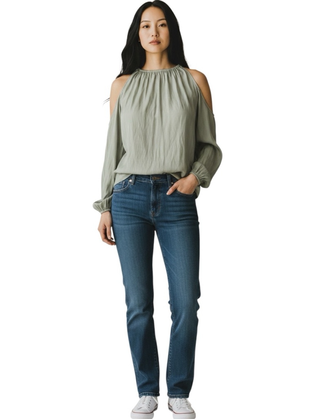 Ramy Brook Sage Green Cold-Shoulder Peplum Blouse | Size Small